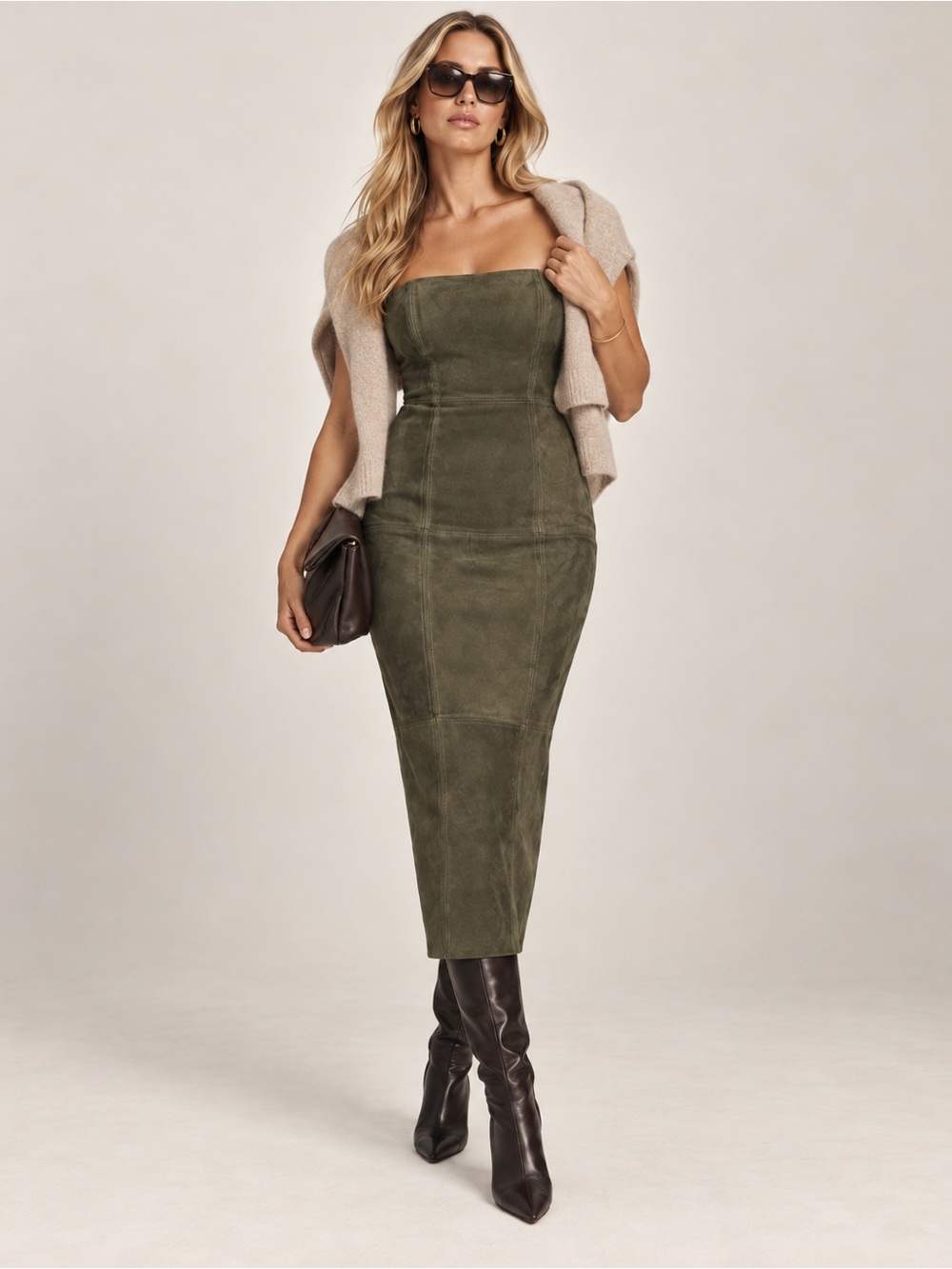 Reformation x Veda Chrystie Strapless Suede Leather Midi Dress Olive Green 12